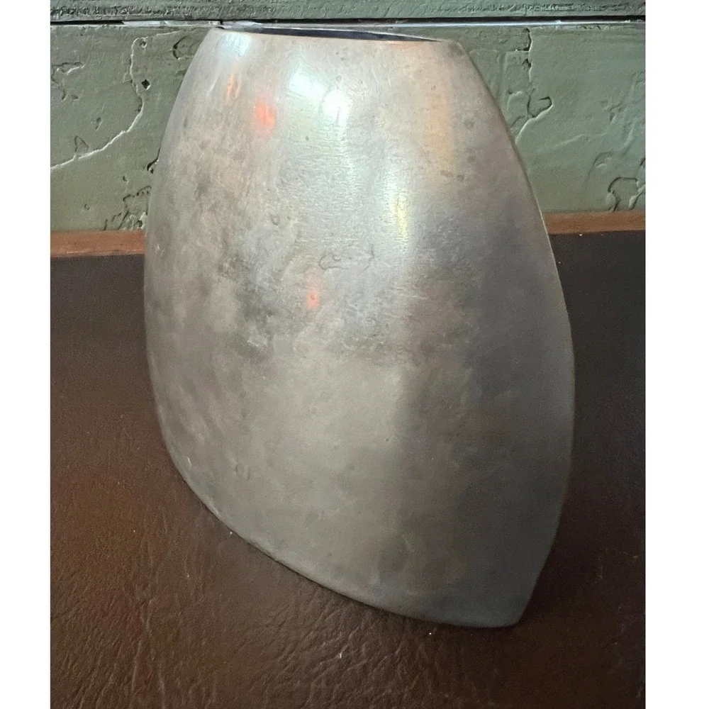 Vintage Aged Modernist Brass Vase Sculptural Elliptical Vessel Mid Century Decor